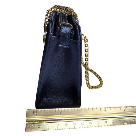 La Regale Evening Mini Cocktail Bag Navy Blue Satin Gold Tone Mesh Chain Handles - Picture 6 of 11